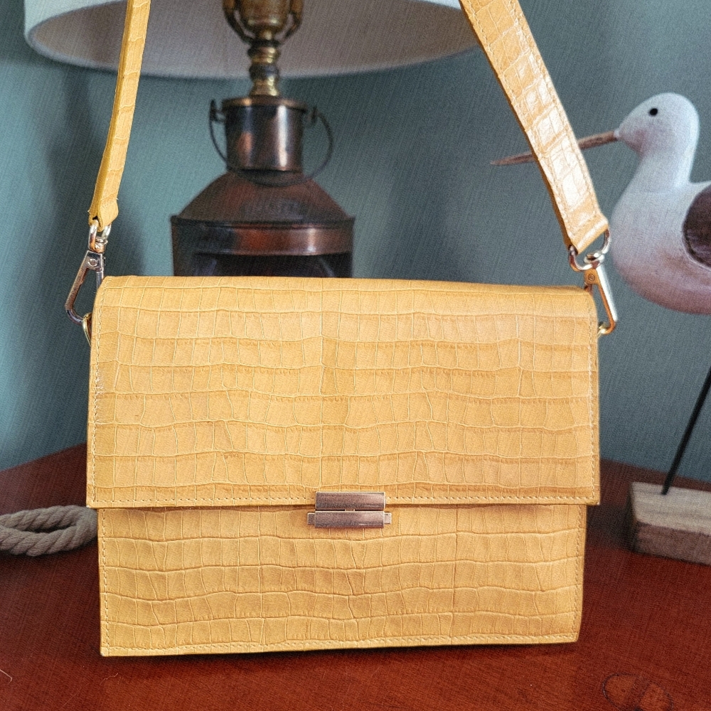 Tusk Reka Italian Leather Croc Embossed Crossbody Shoulder Bag Mustard Yellow